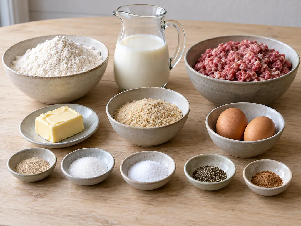 Bloem, melk, boter, gist, gehakt, paneermeel, eieren en kruiden voor worstenbroodjes