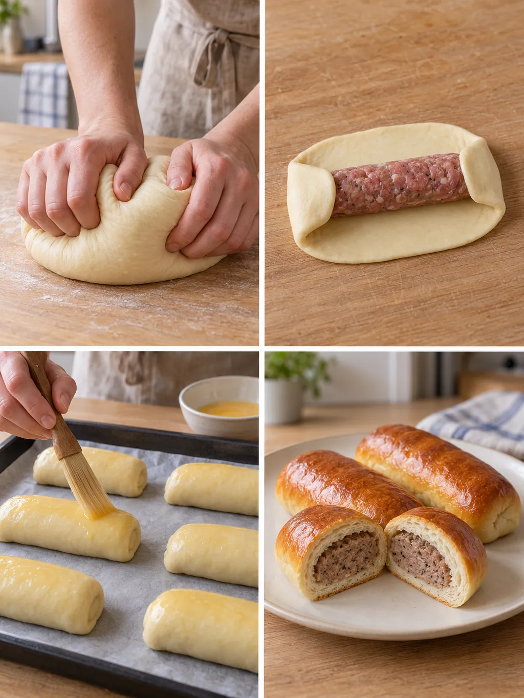 Deeg kneden, gehakt inpakken, broodjes bestrijken en gebakken worstenbroodjes