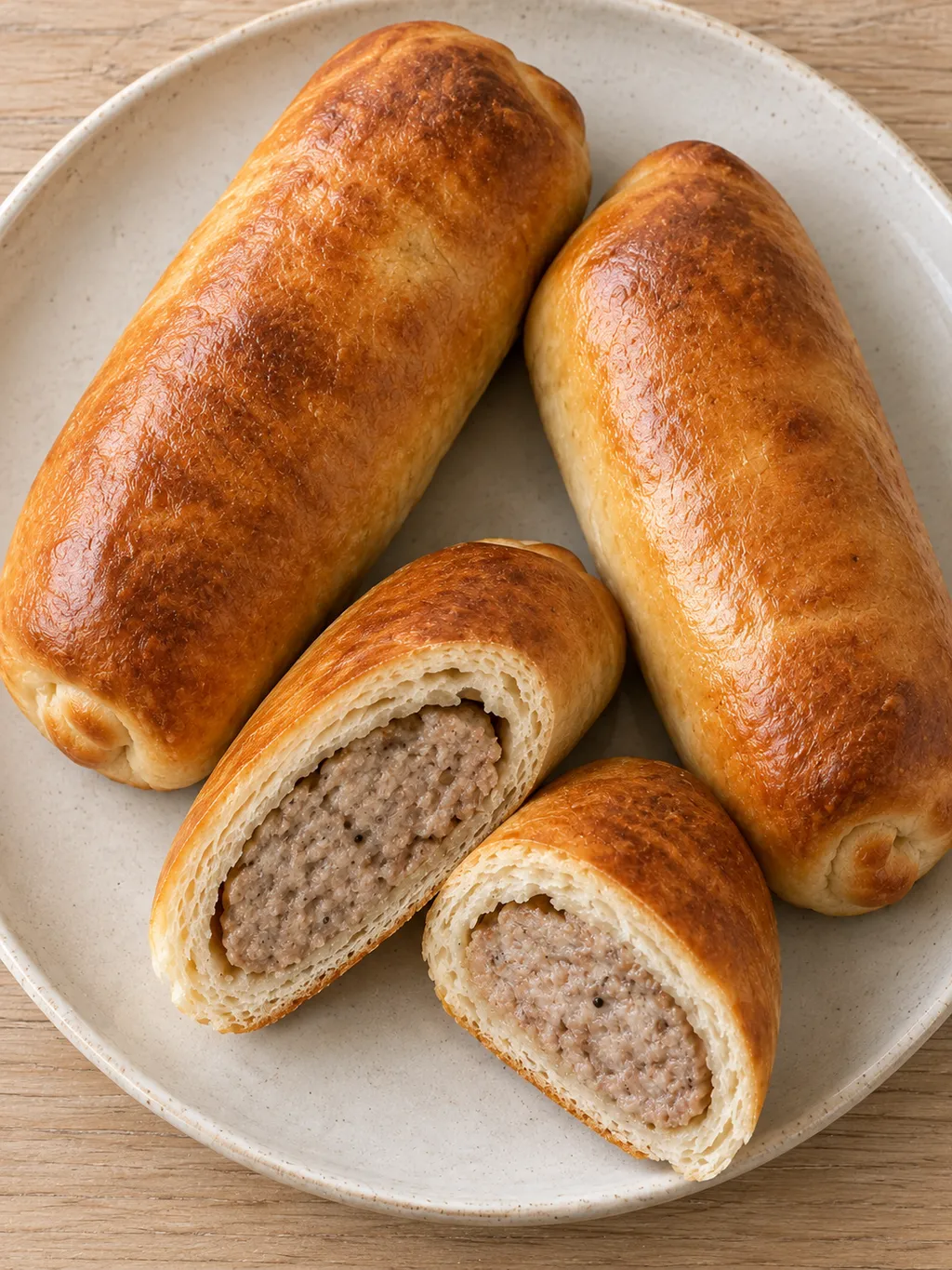 Goudbruine Brabantse worstenbroodjes met zacht brood en een doorgesneden gehaktkern