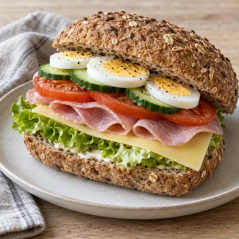 Volkoren broodje met ham, jonge kaas, hardgekookt ei, sla, tomaat en komkommer