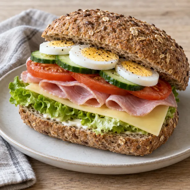 Volkoren broodje met ham, jonge kaas, hardgekookt ei, sla, tomaat en komkommer