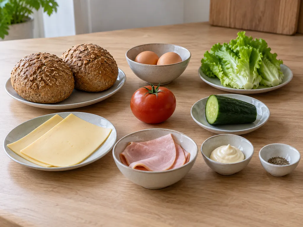 Volkoren broodjes, eieren, ham, kaas, sla, tomaat, komkommer, mayonaise en peper