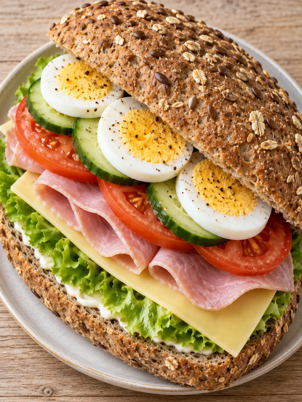 Rijk belegd volkoren broodje met ham, kaas, ei en frisse tomaat en komkommer