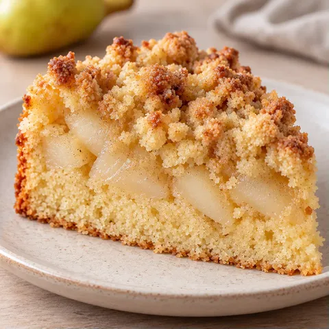 Cake met kruimeltopping — peer, kardemom