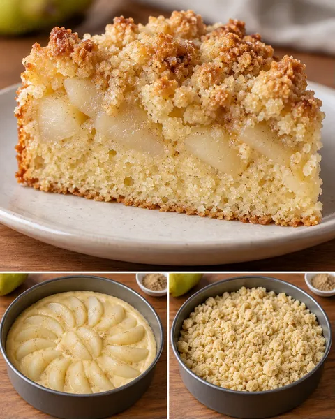 Cake met kruimeltopping — peer, kardemom