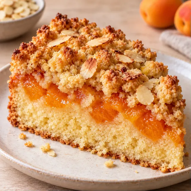 Cake met kruimeltopping — abrikoos, amandelen