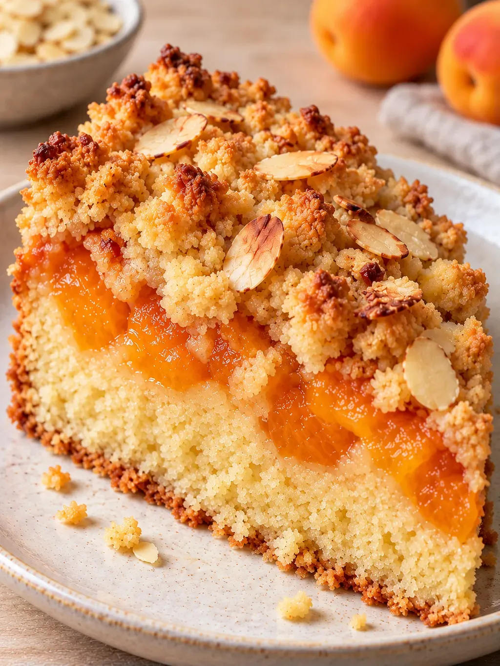 Cake met kruimeltopping — abrikoos, amandelen