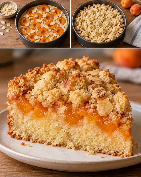 Cake met kruimeltopping — abrikoos, amandelen