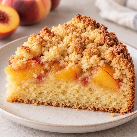 Cake met kruimeltopping — perzik, vanille