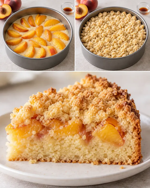 Cake met kruimeltopping — perzik, vanille