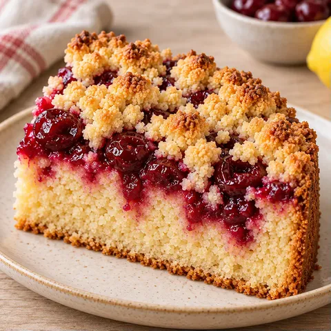 Cake met kruimeltopping — zure kersen, citroen