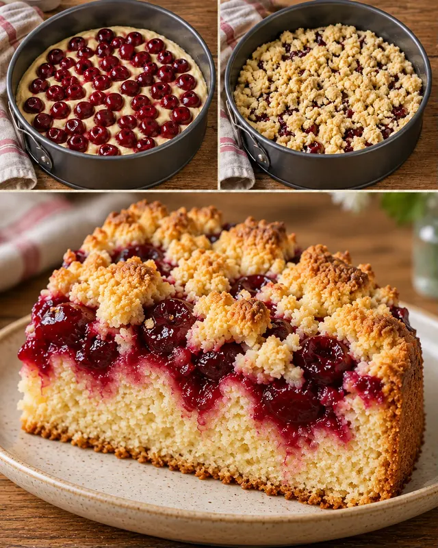 Cake met kruimeltopping — zure kersen, citroen