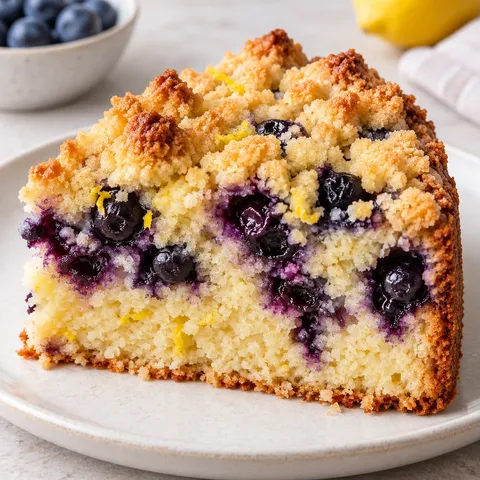 Cake met kruimeltopping — blauwe bessen, citroen