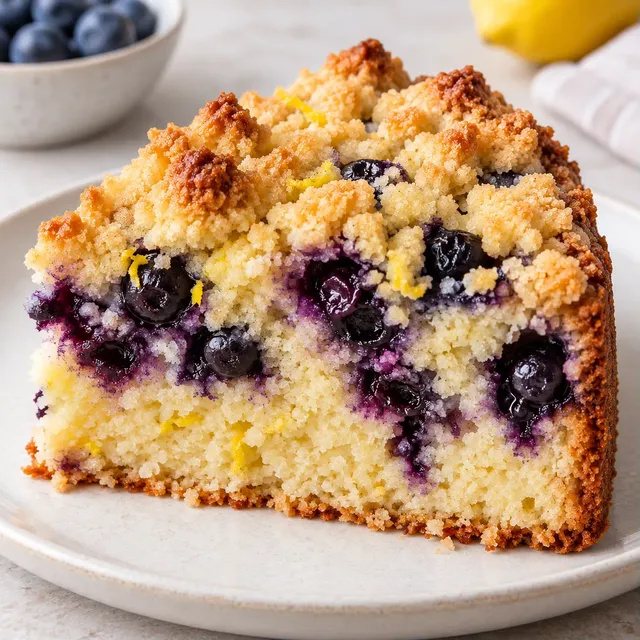 Cake met kruimeltopping — blauwe bessen, citroen