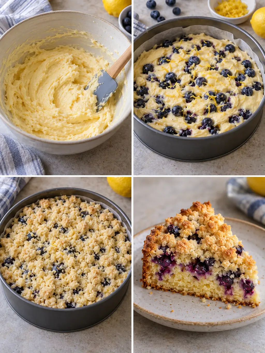 Cake met kruimeltopping — blauwe bessen, citroen