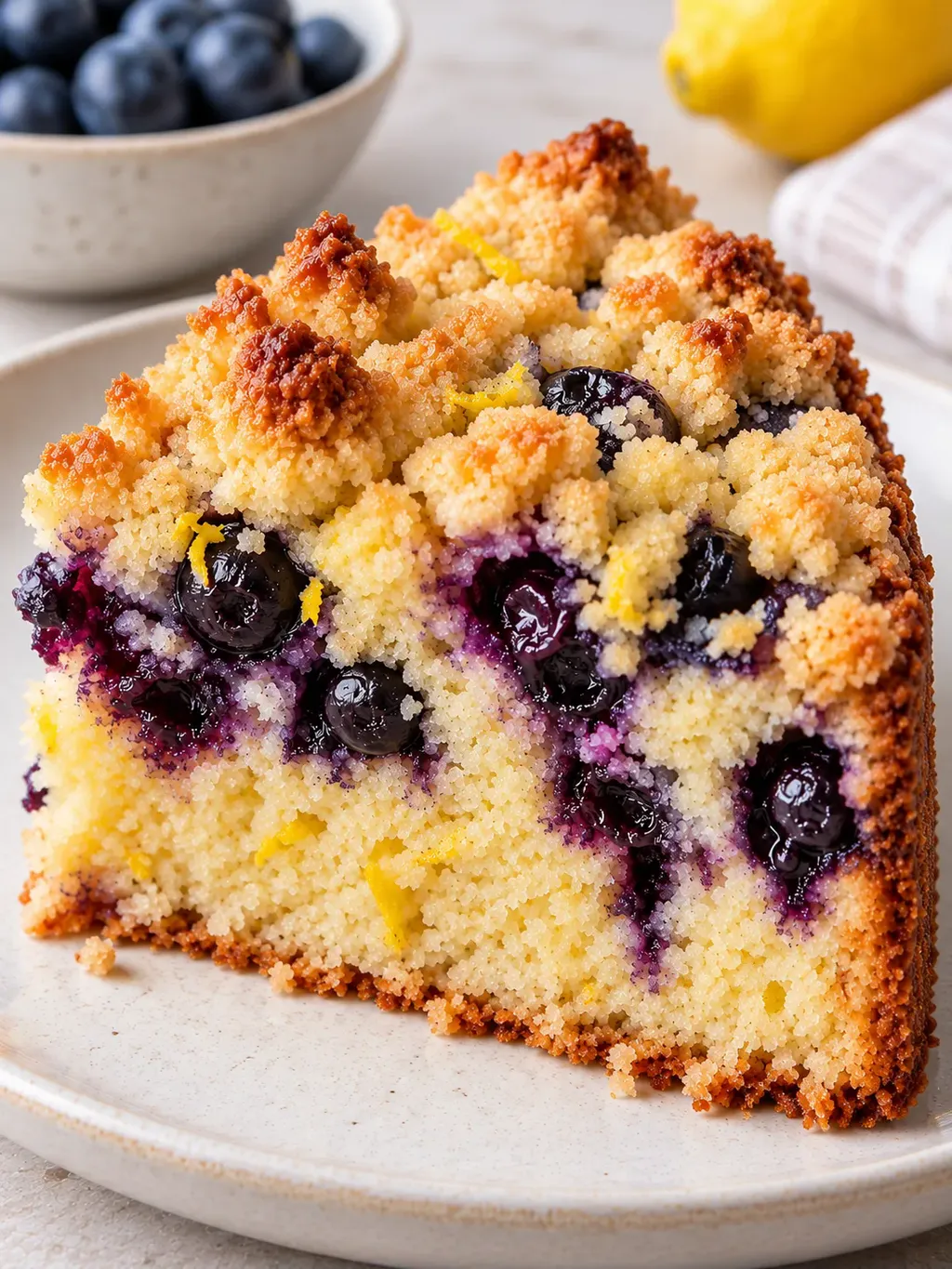 Cake met kruimeltopping — blauwe bessen, citroen
