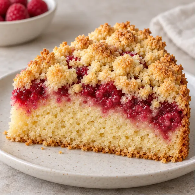 Cake met kruimeltopping — framboos, vanille