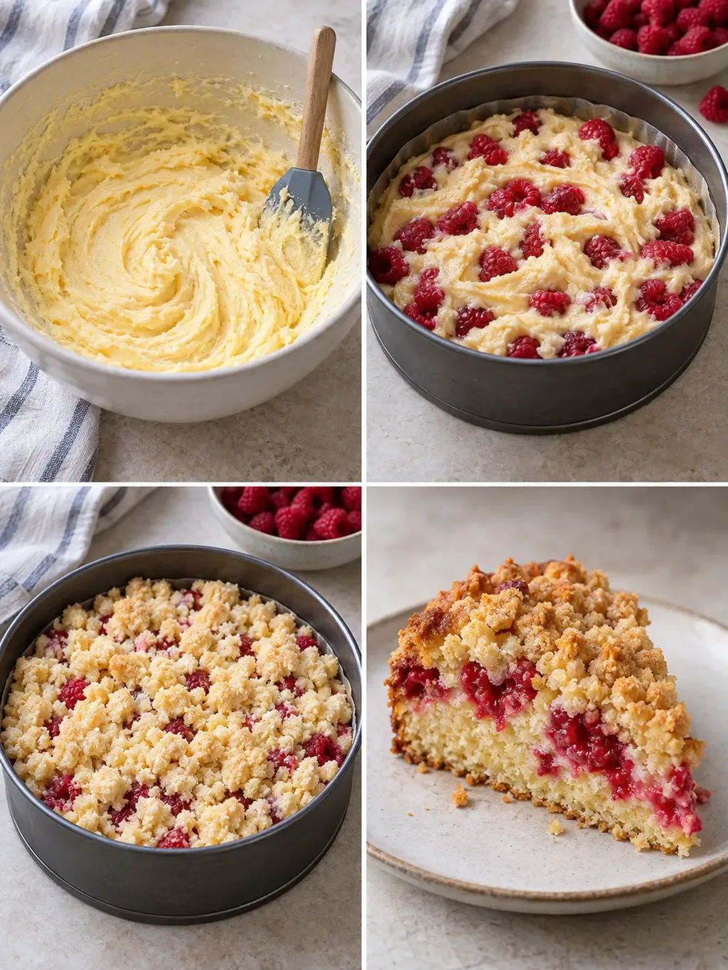 Cake met kruimeltopping — framboos, vanille