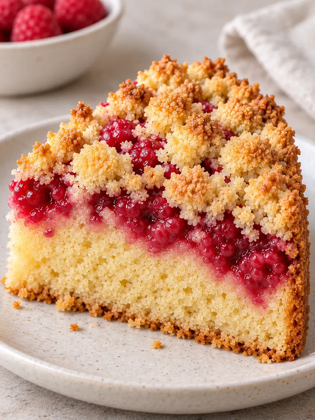 Cake met kruimeltopping — framboos, vanille