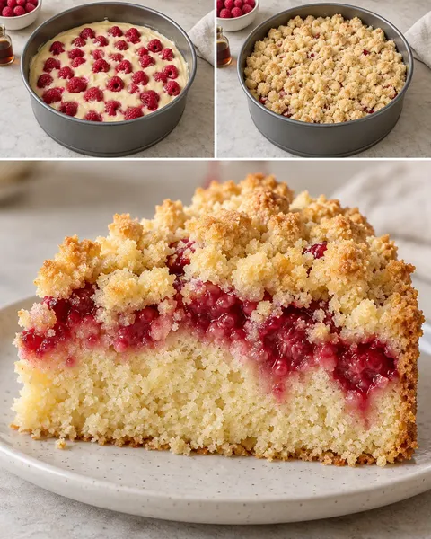Cake met kruimeltopping — framboos, vanille