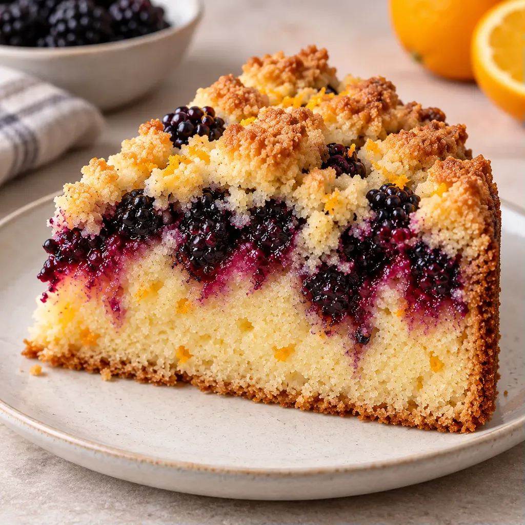 Cake met kruimeltopping — braam, sinaasappel