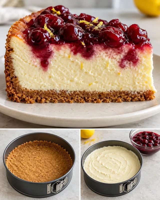 Gebakken cheesecake — zure kersen, citroen
