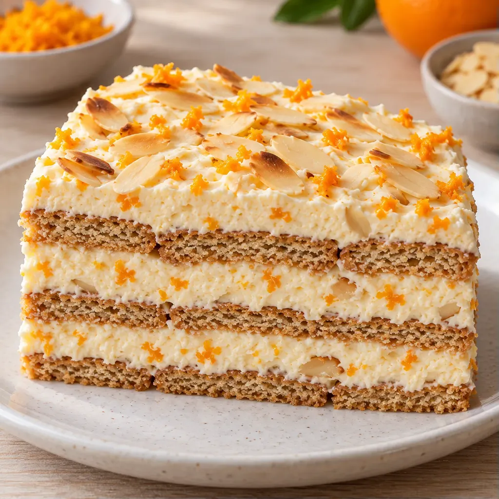 Koekjestaart zonder oven — sinaasappel, amandelen