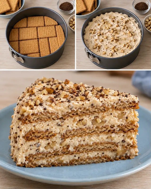 Koekjestaart zonder oven — koffie, walnoten