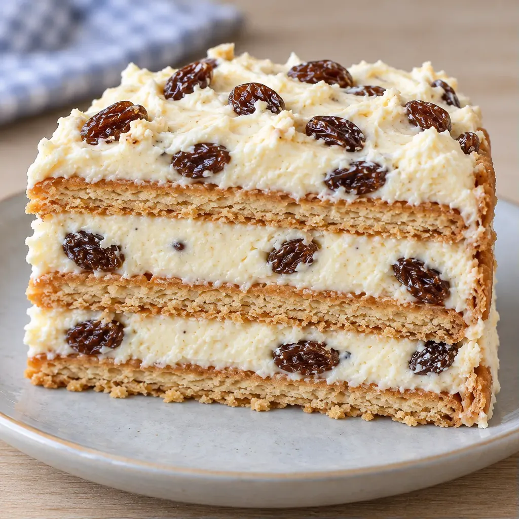 Koekjestaart zonder oven — rozijnen, vanille