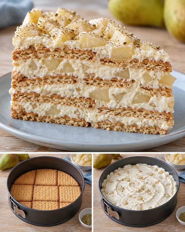 Koekjestaart zonder oven — peer, kardemom