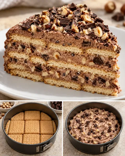 Koekjestaart zonder oven — pure chocolade, hazelnoten