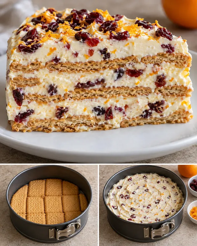 Koekjestaart zonder oven — cranberry’s, sinaasappel