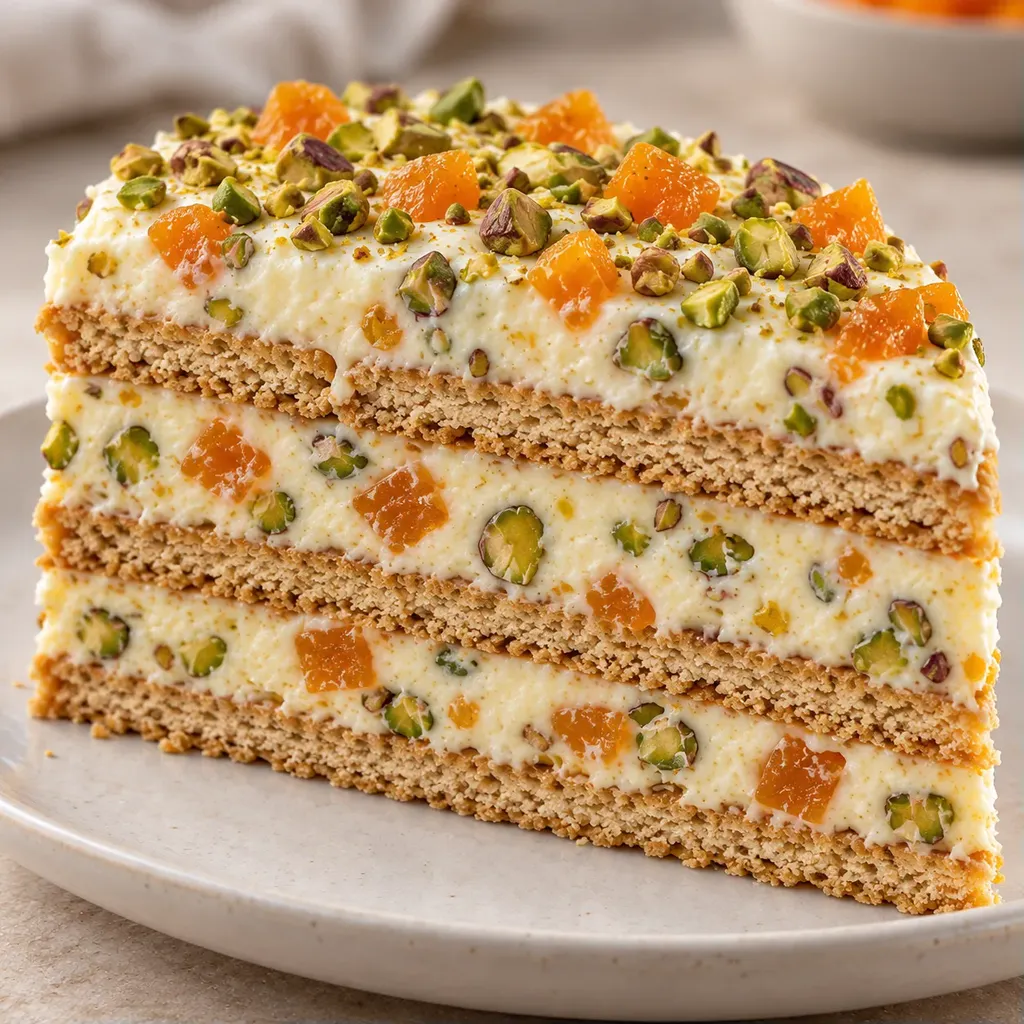Koekjestaart zonder oven — gedroogde abrikozen, pistachenoten