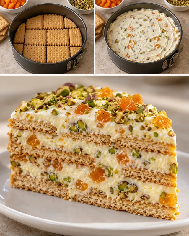 Koekjestaart zonder oven — gedroogde abrikozen, pistachenoten