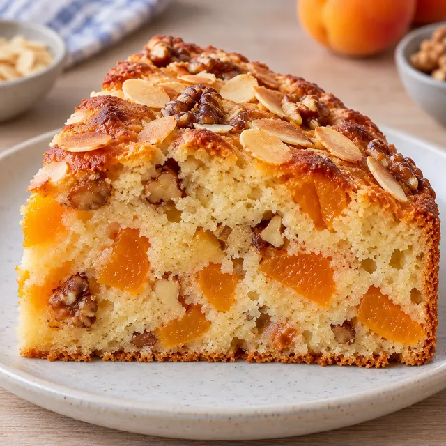 Yoghurtcake — abrikoos, amandelen, walnoten