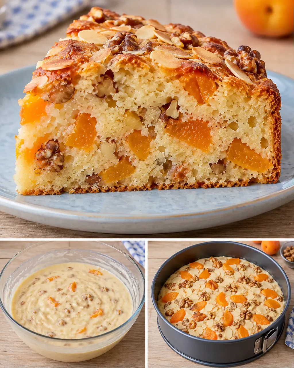 Yoghurtcake — abrikoos, amandelen, walnoten