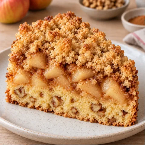Cake met kruimeltopping — appel, kaneel, walnoten