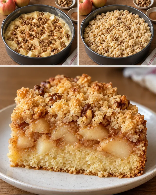 Cake met kruimeltopping — appel, kaneel, walnoten