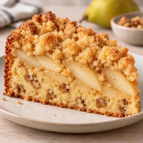 Cake met kruimeltopping — peer, kardemom, walnoten
