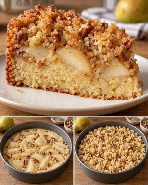 Cake met kruimeltopping — peer, kardemom, walnoten