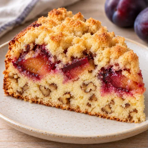 Cake met kruimeltopping — pruim, vanille, walnoten