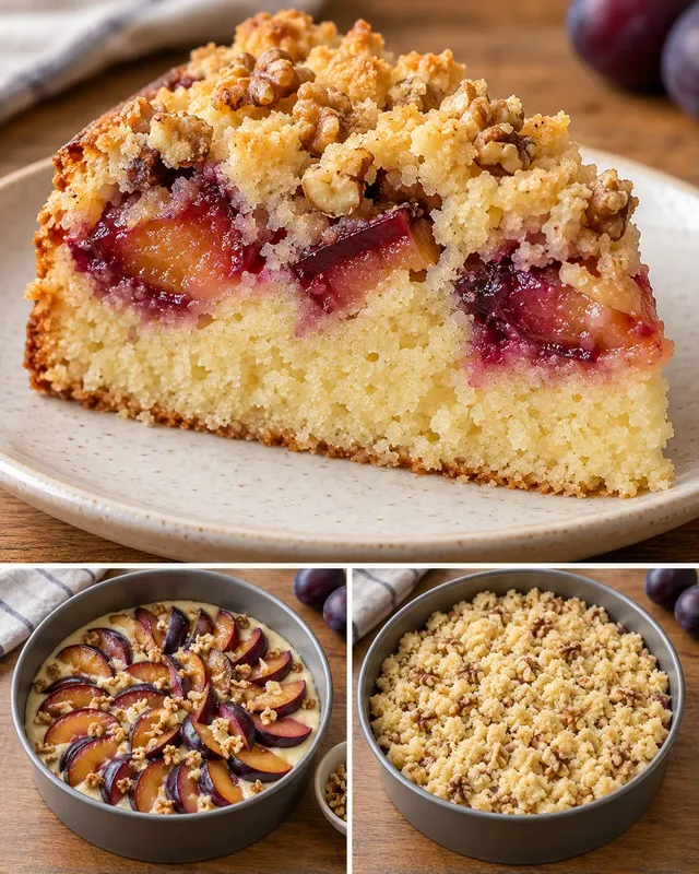 Cake met kruimeltopping — pruim, vanille, walnoten