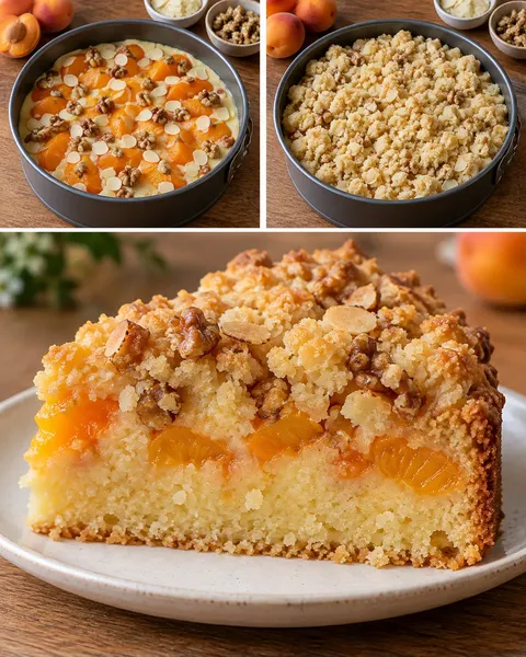 Cake met kruimeltopping — abrikoos, amandelen, walnoten