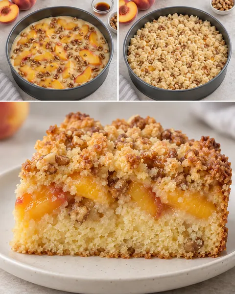 Cake met kruimeltopping — perzik, vanille, walnoten
