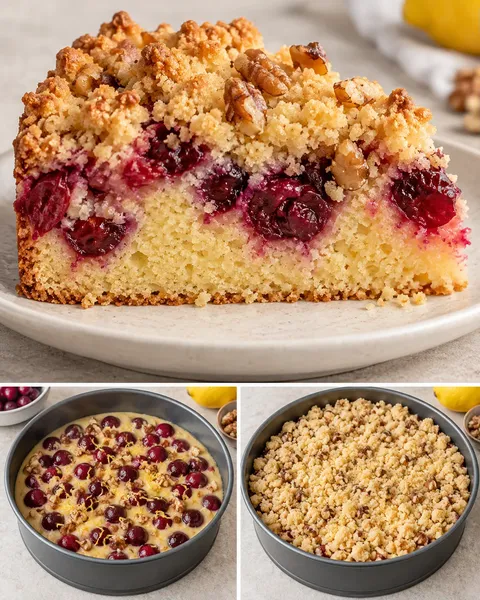 Cake met kruimeltopping — zure kersen, citroen, walnoten