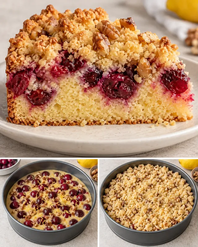 Cake met kruimeltopping — zure kersen, citroen, walnoten