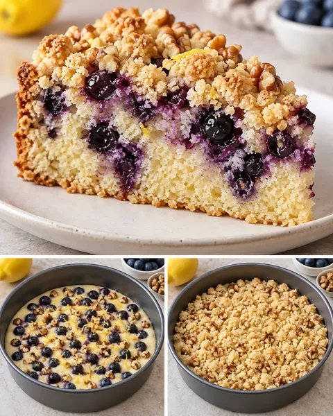 Cake met kruimeltopping — blauwe bessen, citroen, walnoten