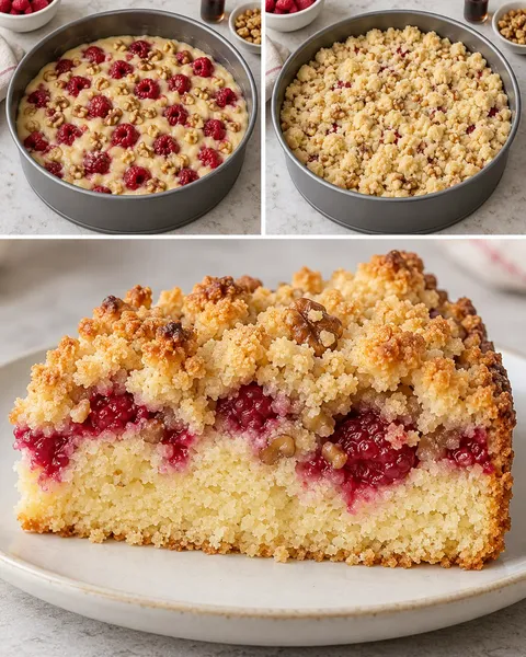 Cake met kruimeltopping — framboos, vanille, walnoten