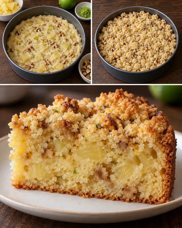 Cake met kruimeltopping — ananas, limoen, walnoten