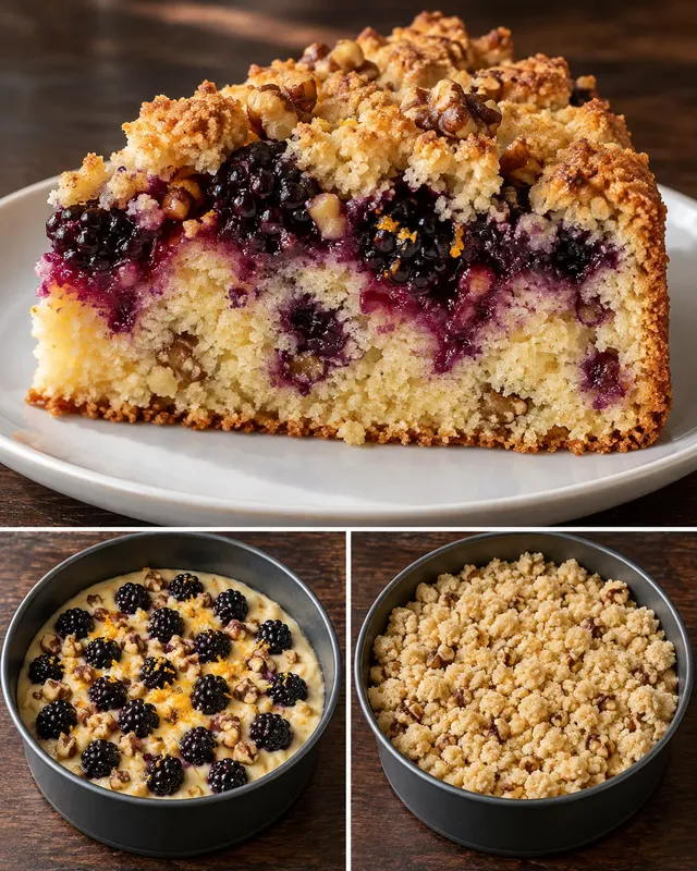 Cake met kruimeltopping — braam, sinaasappel, walnoten